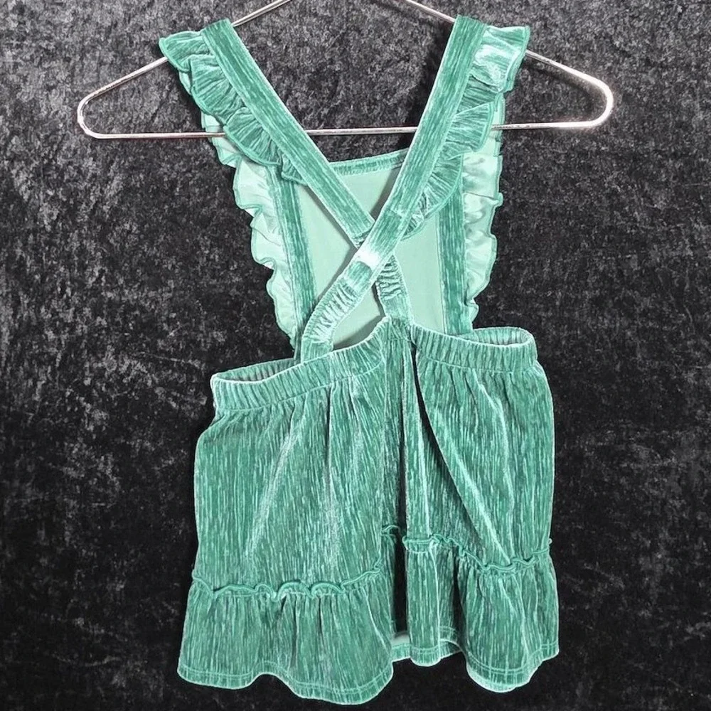 Cat & Jack Girls 2T Green Crushed Velvet Ruffle Pinafore Dress Crisscross Back